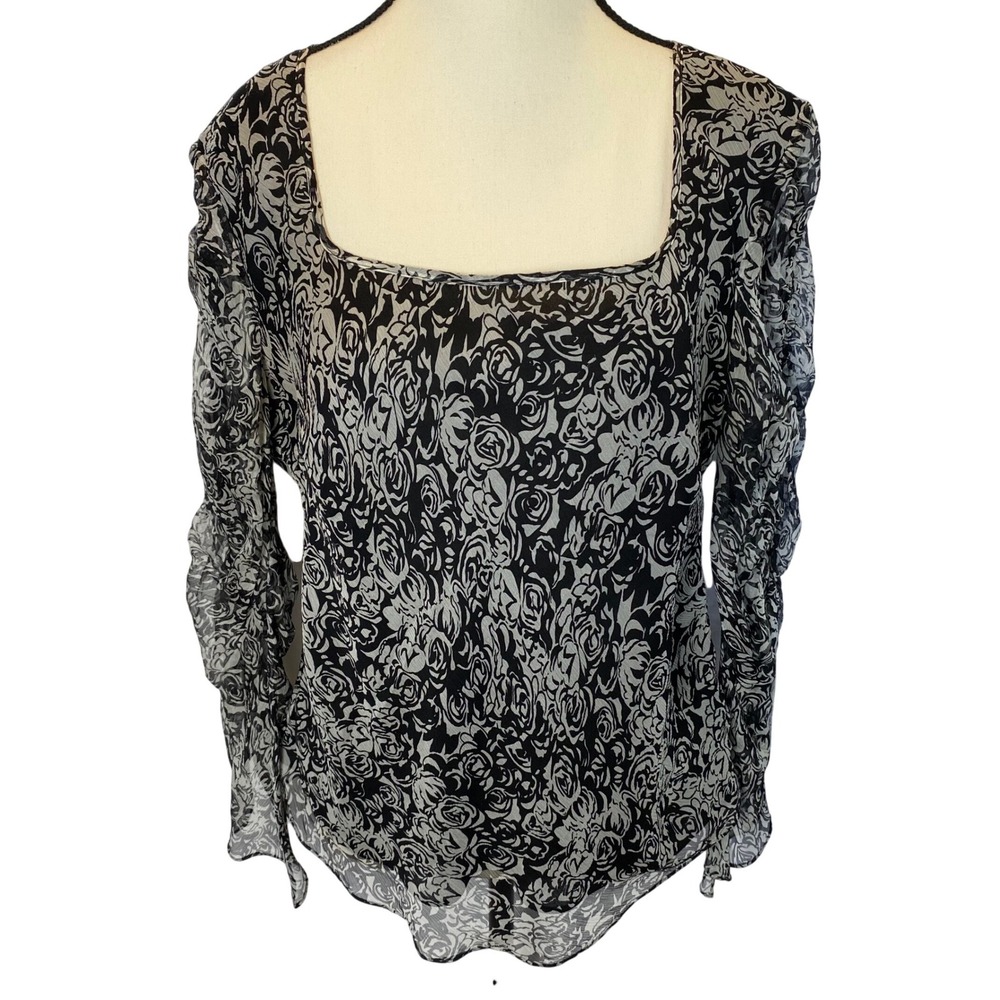 WDNY 100% Silk Floral Blouse Womens Large Sheer Ruched Sleeve Whimsigoth Y2K Top